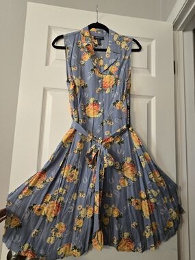 Modcloth Blue Floral Sleeveless Shirt Dress with Tie Waist